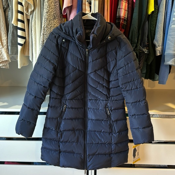 NWT Kenneth Cole Navy Blue Longer Puff Coat - Picture 3 of 8